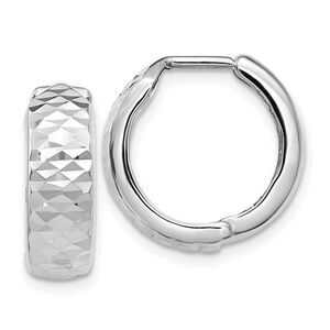 5mm 10k White Gold Diamond Cut Hinged Huggie Hoops, 16mm (5/8 Inch)